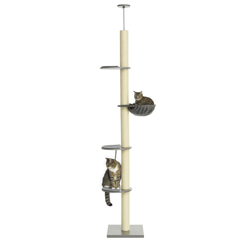 Extra Tall Modern Cat Tree Tower with Ceiling-Mounted Hammock & Scratching Post - Multi-Level Cat Furniture with Sturdy Base, Space-Saving Vertical Design for Large Cats, Easy Assembly, Grey & Cream White - Ideal for Apartmen