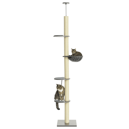 Extra Tall Modern Cat Tree Tower with Ceiling-Mounted Hammock & Scratching Post - Multi-Level Cat Furniture with Sturdy Base, Space-Saving Vertical Design for Large Cats, Easy Assembly, Grey & Cream White - Ideal for Apartmen