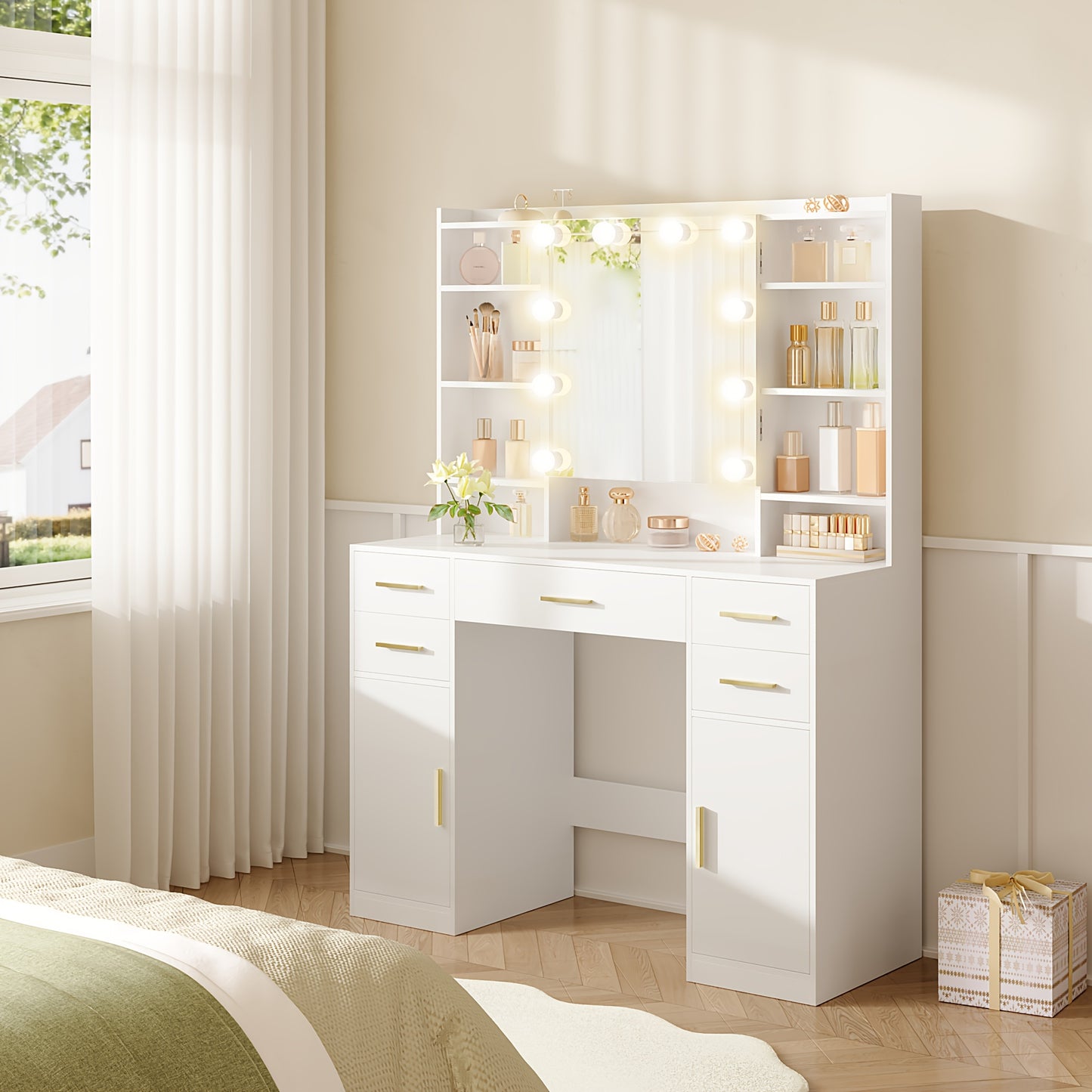 Kaptafel met Spiegel – Make-uptafel – Toilettafel – Dressoir – Schoonheidstafel – Wit – 5 Lades & 9 Open Vakken – Verborgen Opbergruimte – Modern Minimalistisch Design