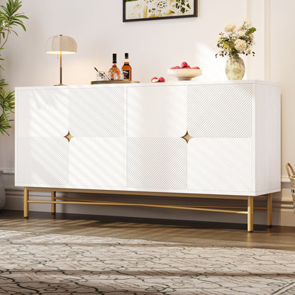 Sideboard with Raised Texture 160cm, Cabinet with Four Doors and Golden Brushed Handles & High-Gloss Table Legs, White, 160×40×82cm, Entryway Cabinet, Bedroom Sideboard, Elegant Handles, Sleek Cabinet, Stylish Hardware, Dur