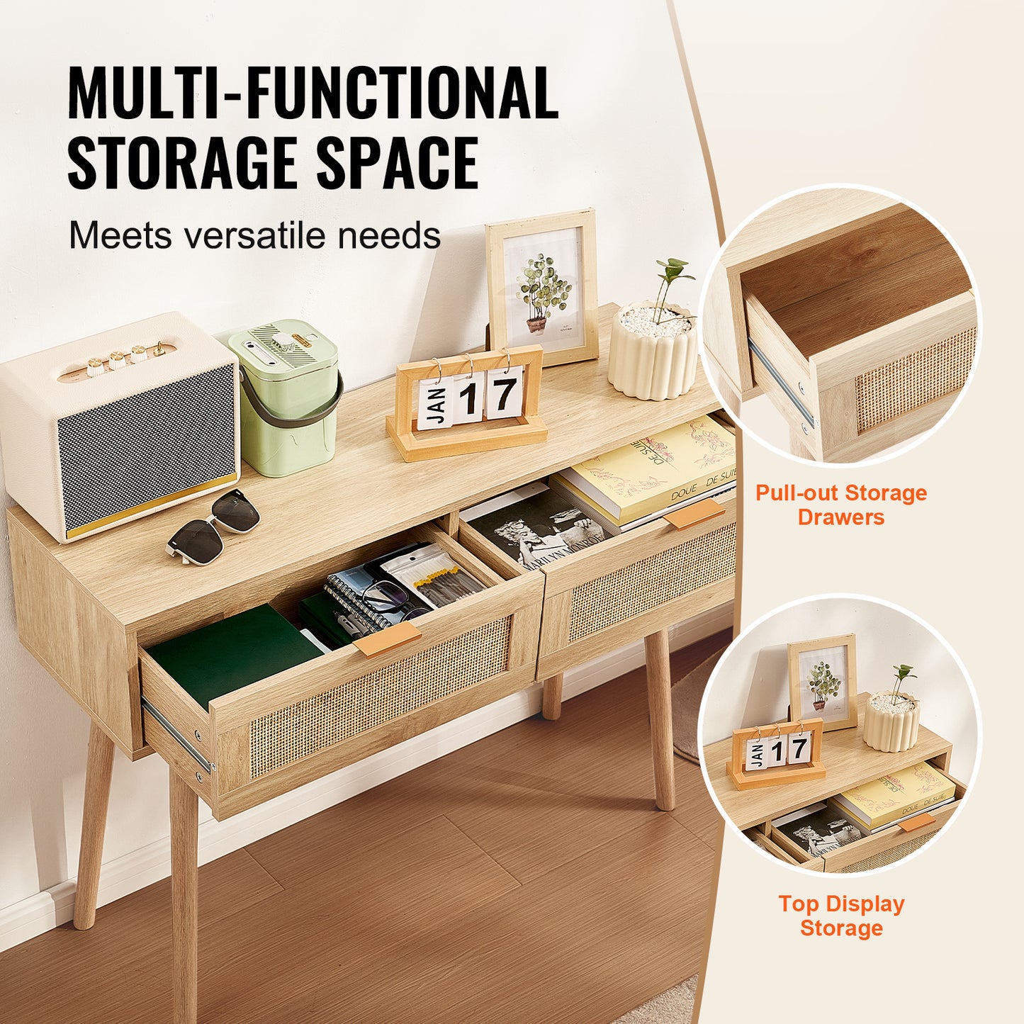 Sidetable – Wandtafel – Console – Haltafel – Bijzettafel – Natuurlijk Rattan – 2 Laden – Duurzaam MDF