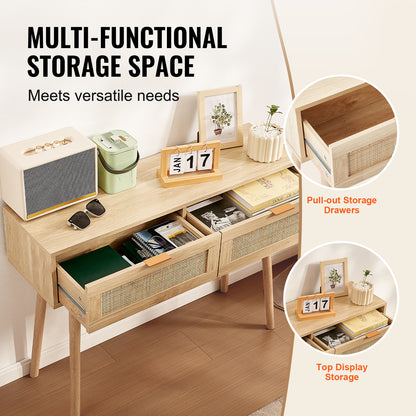 Sidetable – Wandtafel – Console – Haltafel – Bijzettafel – Natuurlijk Rattan – 2 Laden – Duurzaam MDF
