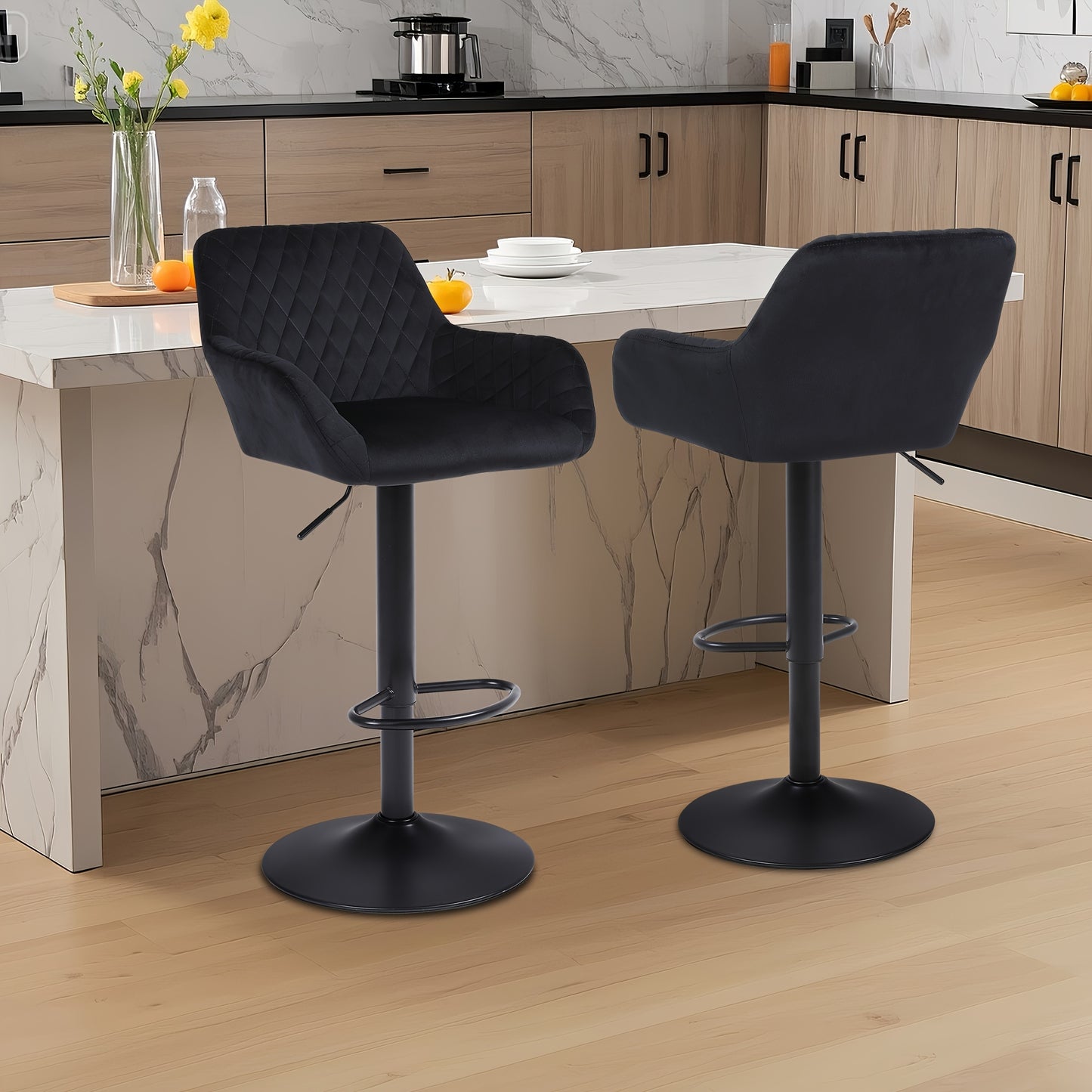 Bar Stools Set Of 2/4, Height Adjustable Swivel Bar Stools, Made Of Imitation Velvet Fabric, Dining Stools with Backrest And Armrests, Suitable for Bars, Kitchens And Gardens, Black Gray Brown, Kitchen Bar Stools, Bar Stools