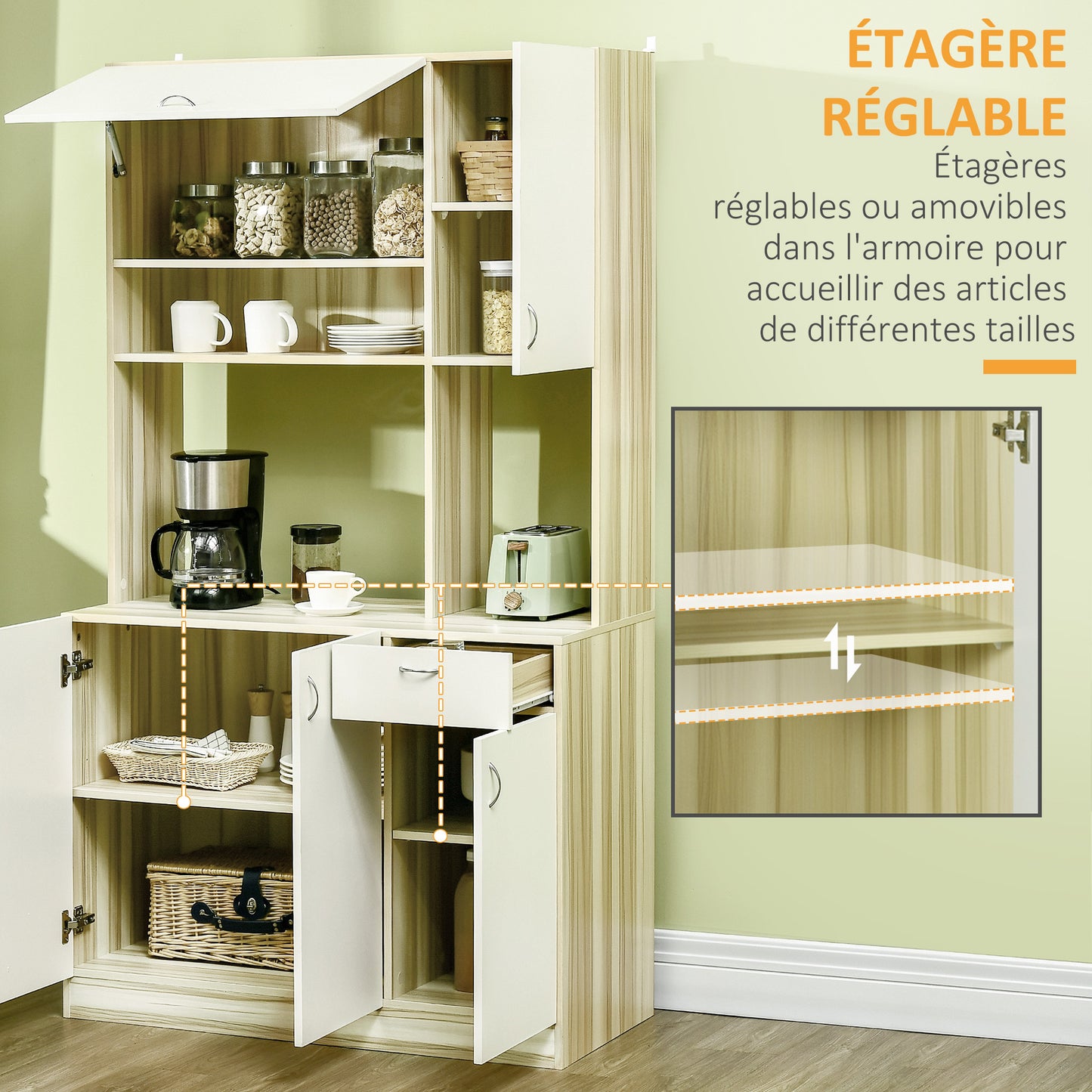 Keukenbuffet – Keukenkast – Dressoir – Kast – Opbergmeubel – Wit/Natuurlijk Hout – Verstelbare Planken – Anti-Kantel Systeem