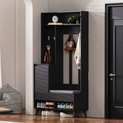 Halmeubel – Kapstok – Schoenenrek – Opbergkast – Zitbank – 6-in-1 Multifunctioneel – Mat Zwart MDF – 100x35x180 cm – Kantelbeveiliging