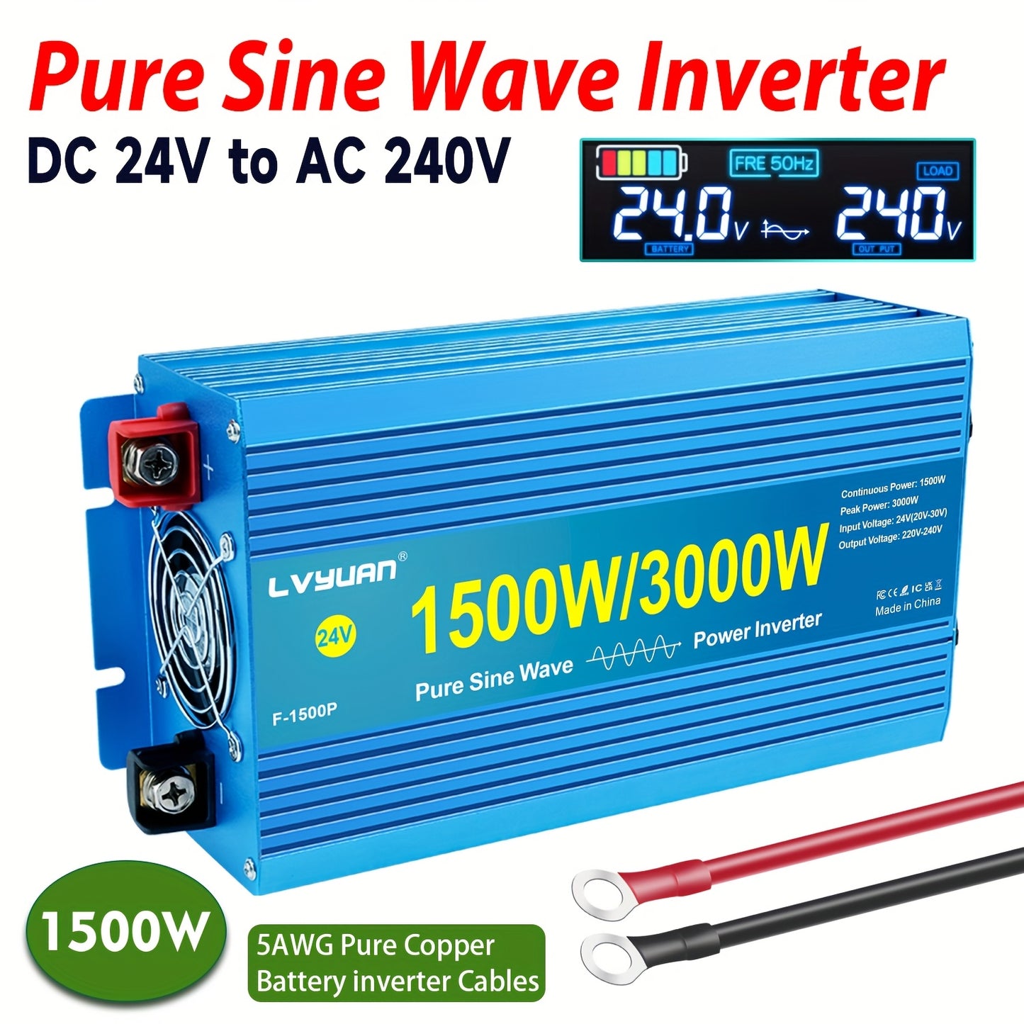 Omvormer 12V Naar 230V – DC Naar AC Converter – Power Inverter – Zuivere Sinus Omvormer – 1500W / 3000W Pieklast – LCD & LED Display – Aluminium Behuizing