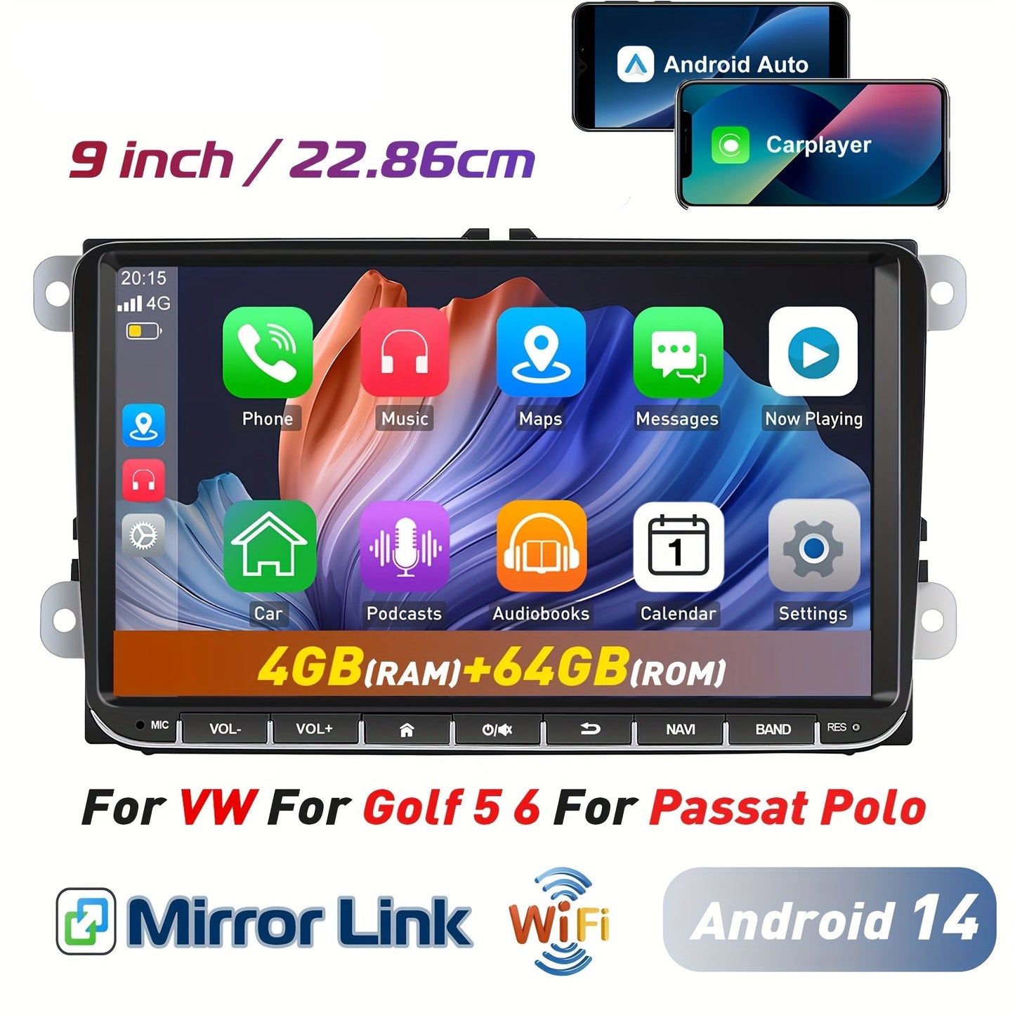 Autoradio – Multimedia Speler – Car Video Speler – Auto Stereo – 9 Inch IPS Scherm – Android 14 – Draadloos CarPlay & Android Auto