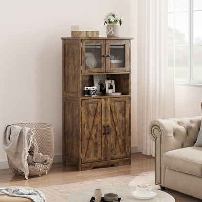 Kast – Opbergkast – Voorraadkast – Linnenkast – Vitrinekast – Vintage Stijl – Matglazen Deuren – 128x30x128 cm – MDF Bruin – Verstelbare Planken – Anti-Kantel Veiligheidsbeugel