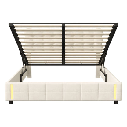 Gestoffeerd Bed – Opbergbed – Tweepersoonsbed – Bedframe – Hydraulisch Opbergbed – 140x200 cm – Fluweel Beige – Met Opbergruimte Onder Bed