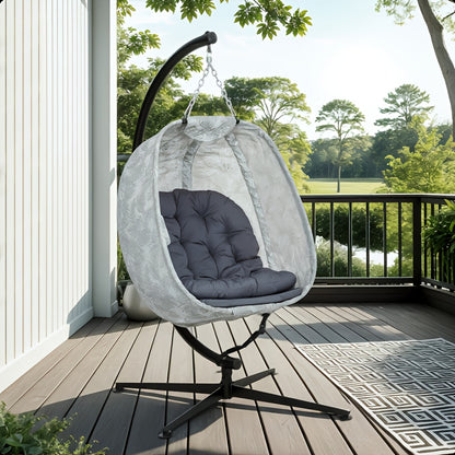 Hangstoel Vouwstoel Schommelstoel Relaxstoel Egg Chair – Grijs Kussen – Zwart Metaal Frame – Handmatig Verstelbare Rugleuning – Compact Opvouwbaar – Weerbestendig