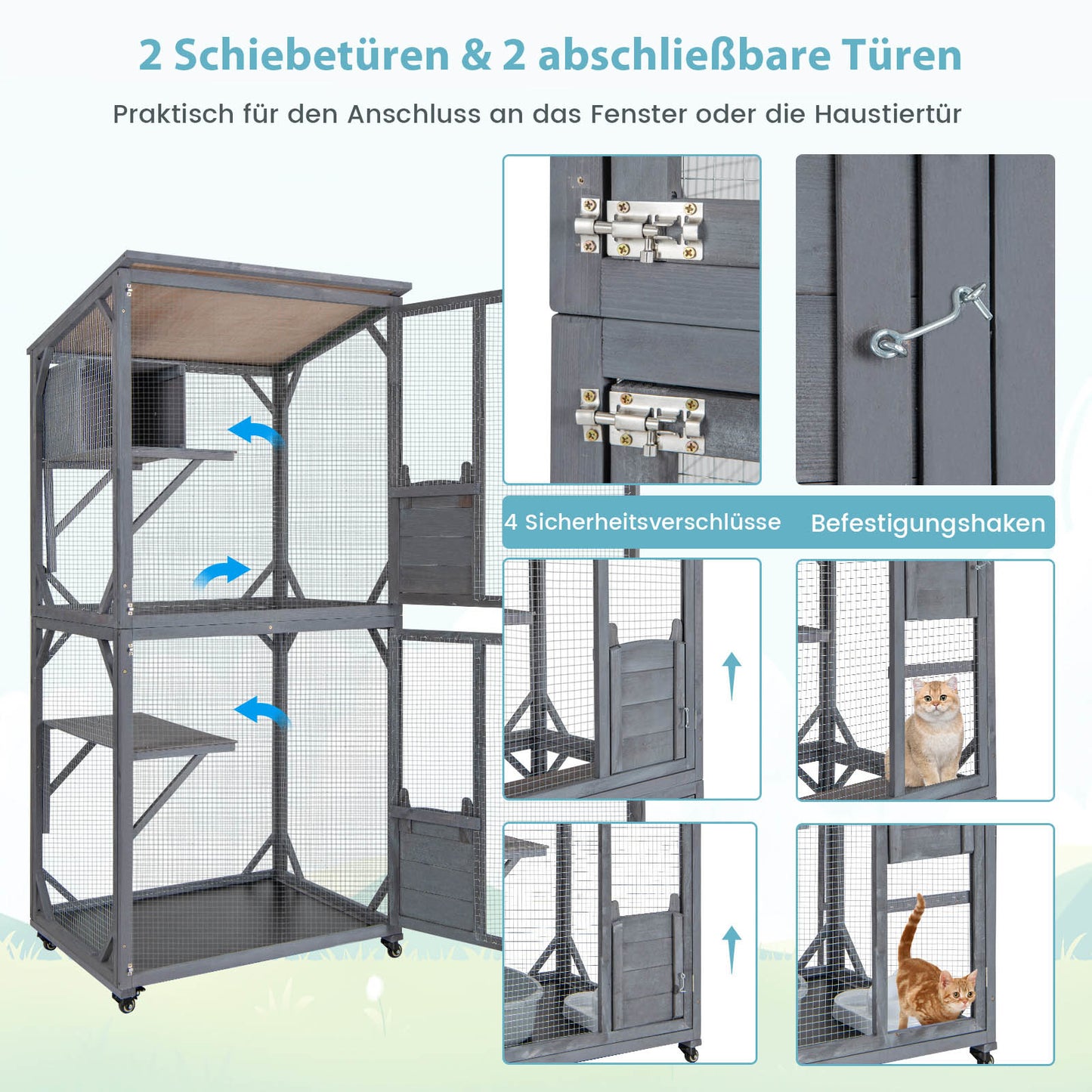 182.88 cm Cat Catio | Wood Cat House with Asphalt Roof, Platform & Condo, Large Cat Enclosure on Wheels, Indoor Cat Shelter with Resting Box | Brand: GOFLAME
