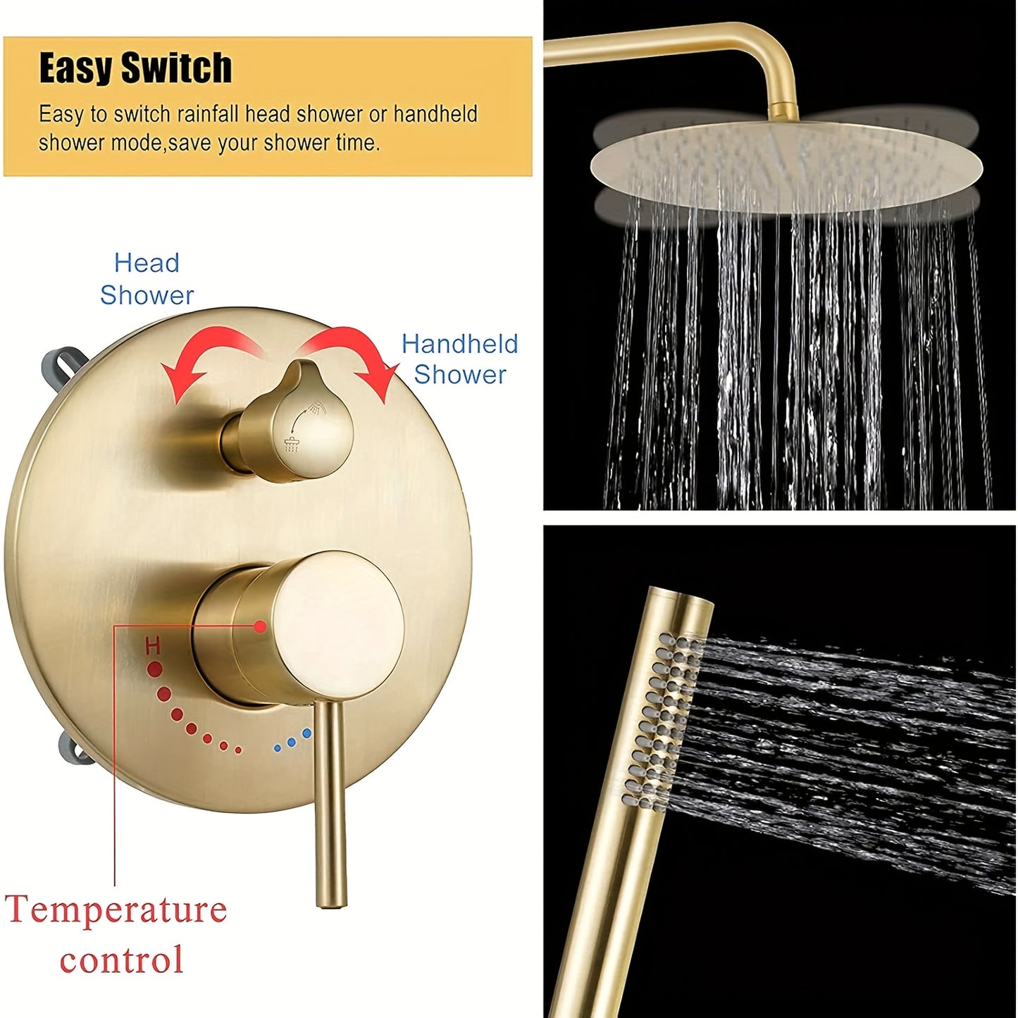 Inbouw Douchesysteem – Regendouche – Handdouche – Douchekraan – Douchset – Geborsteld Gouden Afwerking – 30,48 cm Ronde Regendouche – Dual-Function Bediening