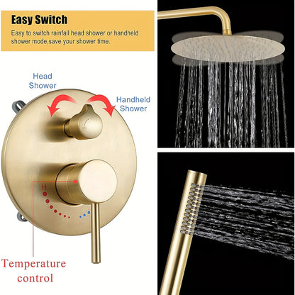 Inbouw Douchesysteem – Regendouche – Handdouche – Douchekraan – Douchset – Geborsteld Gouden Afwerking – 30,48 cm Ronde Regendouche – Dual-Function Bediening