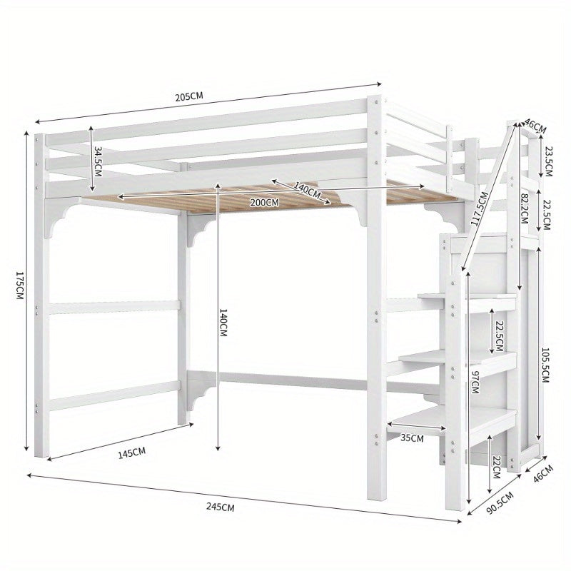 Hoogslaper – High Bed – Stapelbed – Kinderbed – Jeugdbed – 140x200 cm – Wit – Met Lattenbodem en Opbergruimte