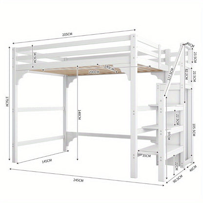 Hoogslaper – High Bed – Stapelbed – Kinderbed – Jeugdbed – 140x200 cm – Wit – Met Lattenbodem en Opbergruimte