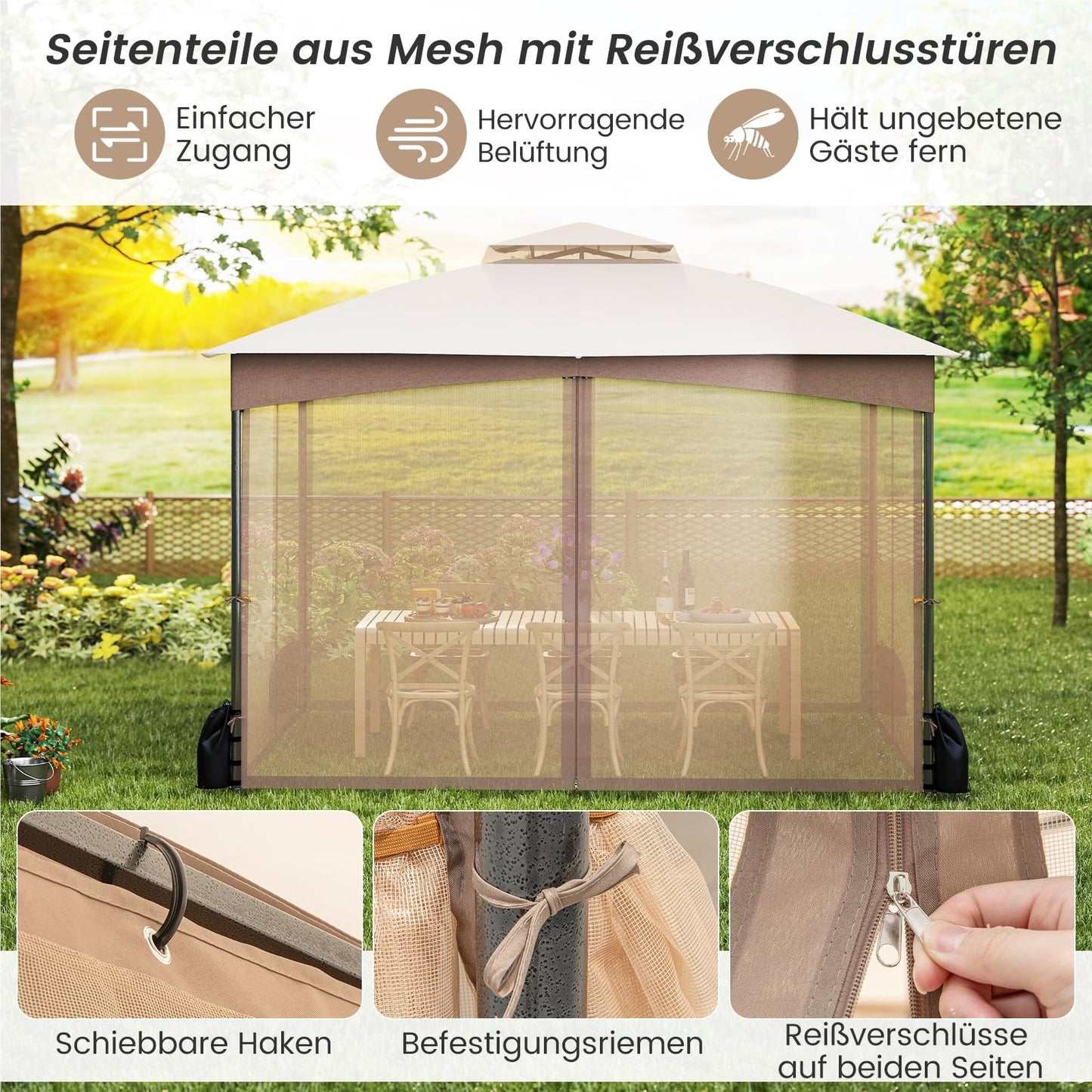Paviljoen – Tuinpaviljoen – Partytent – Overkapping – Tuintent – 3 x 3,6 meter – Waterdicht en Winterbestendig – Inclusief 4 Muggenhorren en Zandzakken – Dubbel Dak – Khaki