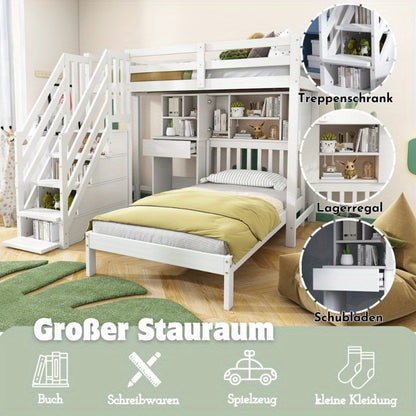 Stapelbed – Multifunctioneel Bed – Hoogslaper – Kinderbed – Tienerbed – Wit – Inclusief Bureau en Opbergruimte – 90x200 cm – Stevig Frame met Lattenbodem – Ruimtebesparend Design