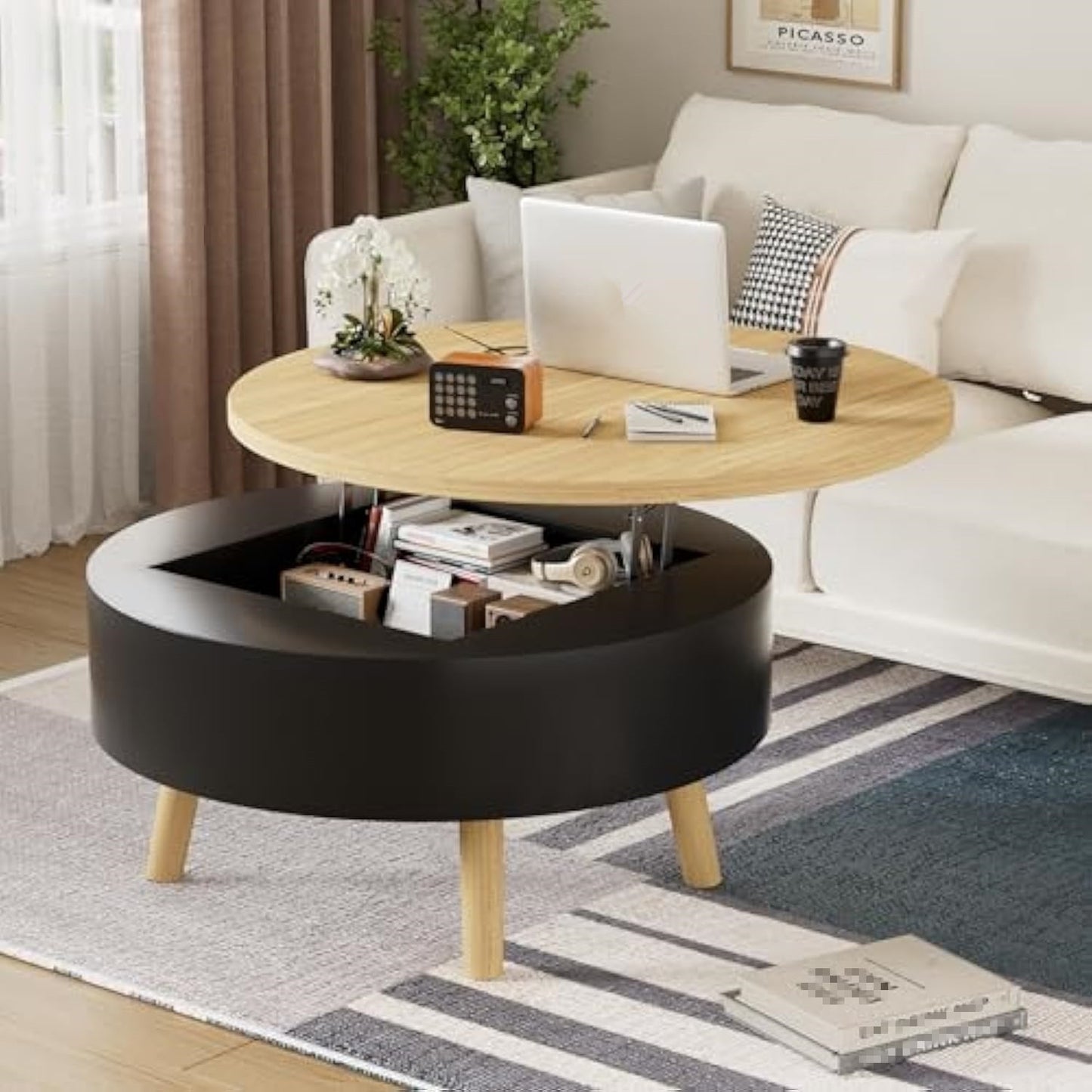 Salontafel – Bijzettafel – Koffietafel – Woonkamertafel – Sofa Tafel – Verstelbaar Hoogte – Verborgen Opbergruimte – Rond – Zwart