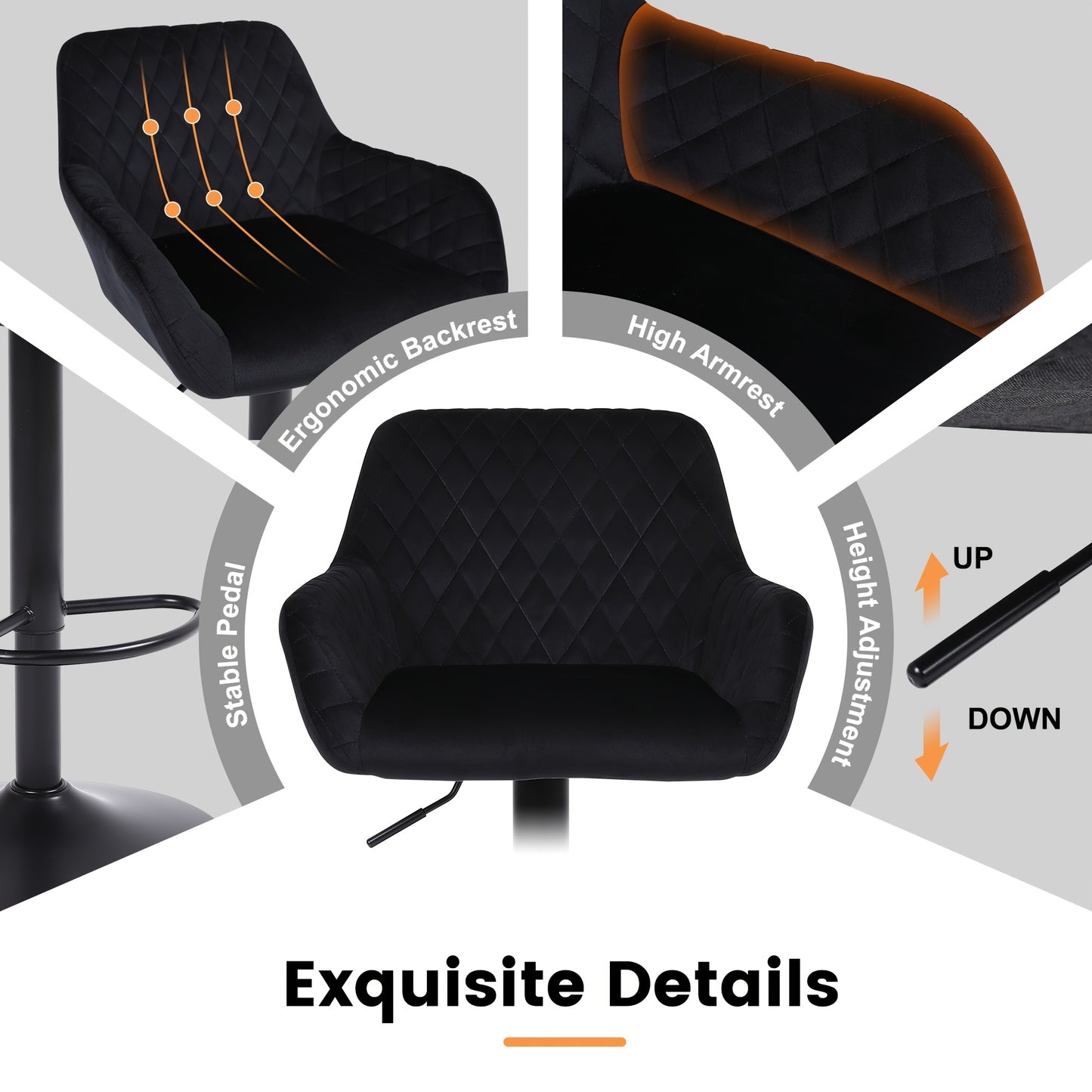 Bar Stools Set Of 2/4, Height Adjustable Swivel Bar Stools, Made Of Imitation Velvet Fabric, Dining Stools with Backrest And Armrests, Suitable for Bars, Kitchens And Gardens, Black Gray Brown, Kitchen Bar Stools, Bar Stools