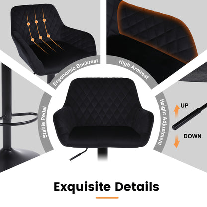 Bar Stools Set Of 2/4, Height Adjustable Swivel Bar Stools, Made Of Imitation Velvet Fabric, Dining Stools with Backrest And Armrests, Suitable for Bars, Kitchens And Gardens, Black Gray Brown, Kitchen Bar Stools, Bar Stools