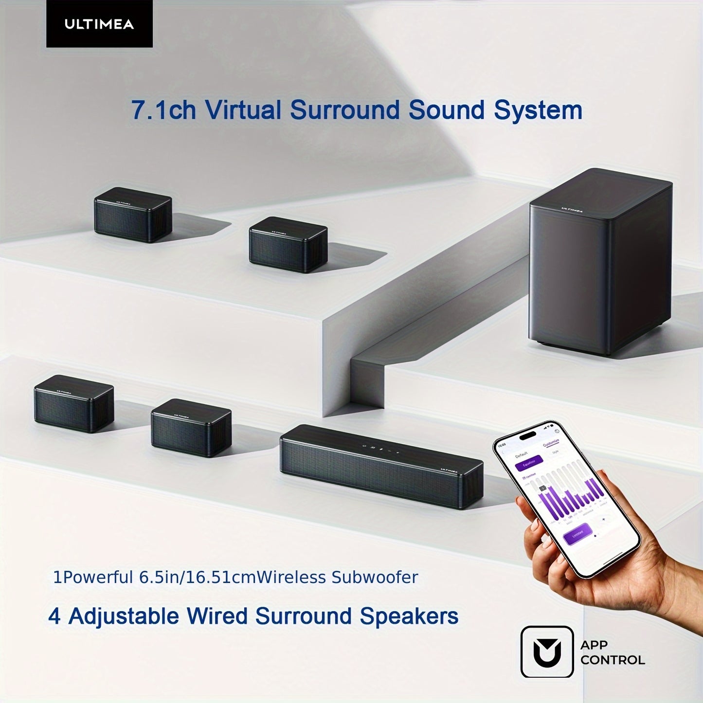 ULTIMEA 7.1ch Soundbar with Wireless Subwoofer, Virtual Surround Sound System for TV, App Control, 410W Peak Power, Sound bar for TV, 4 Wired Surround Speakers, Home Theater Sound System