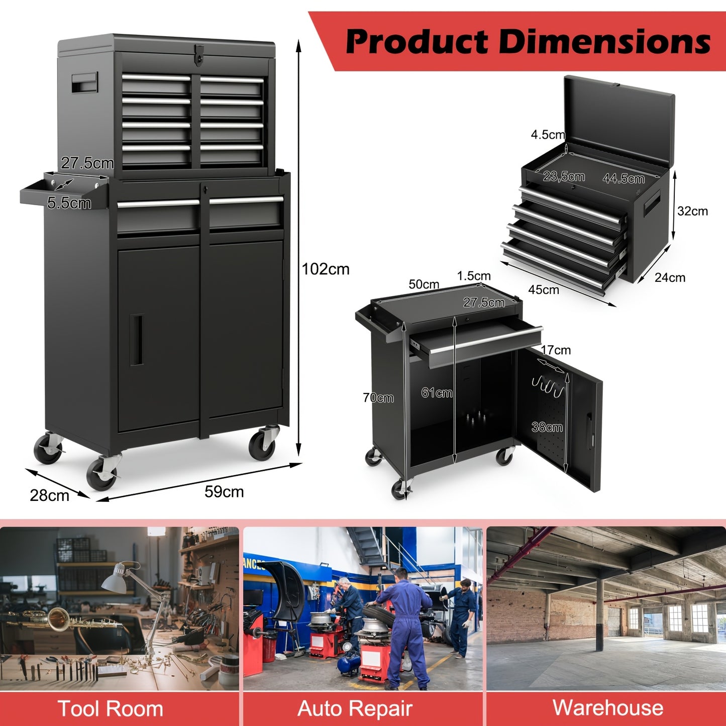 Gereedschapskist – Werkplaatskast – Tool Organizer – Opbergkist – Gereedschapswagen – Vergrendelbare Wielen – Verstelbare Planken – Afneembare Bovenkist – Antislip Voeringen – Robuuste Metalen Constructie – Zwart