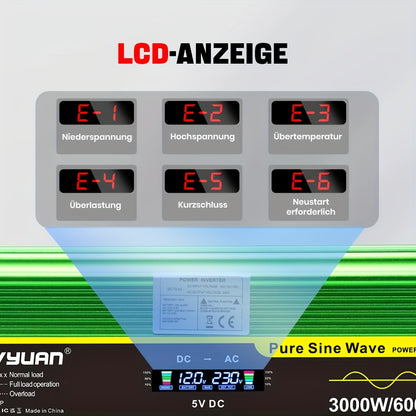 Omvormer – Spanningsomvormer – Stroomomzetter – Inverter – Converter – 3000W Continu Vermogen – Pure Sinusgolf Met LCD Display en Afstandsbediening