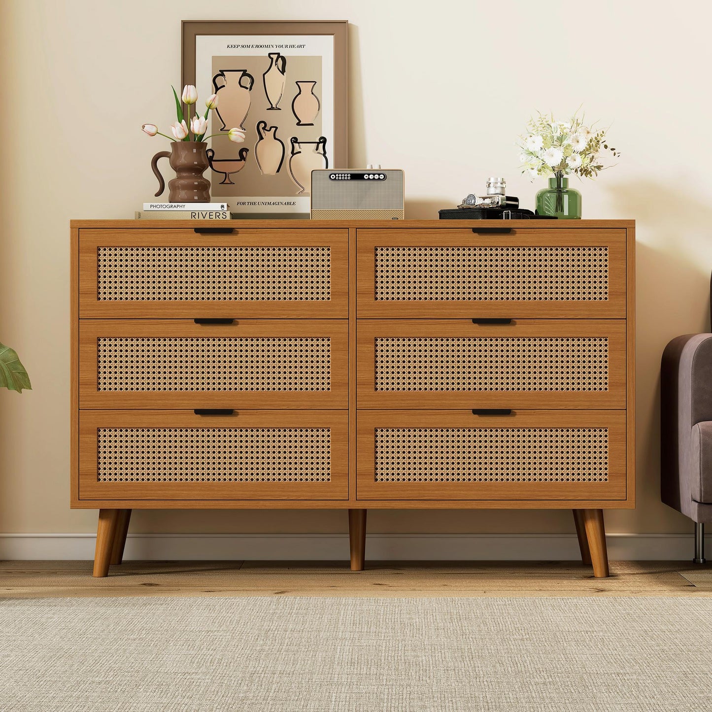 Ladekast – Ladenkast – Dressoir – Opbergkast – Kast – Walnootkleurige MDF Ladekast Met 6 Lades – Metalen Handgrepen – Massief Houten Poten – Retro Design – Geen Montage Nodig