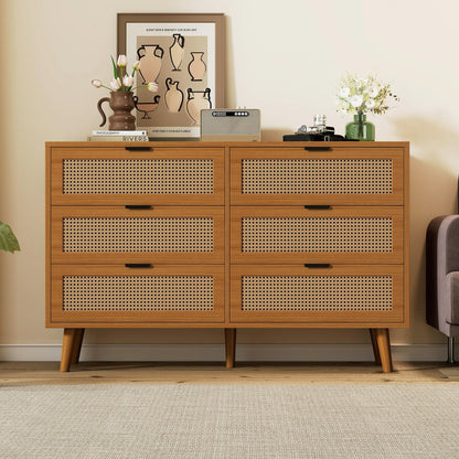 Ladekast – Ladenkast – Dressoir – Opbergkast – Kast – Walnootkleurige MDF Ladekast Met 6 Lades – Metalen Handgrepen – Massief Houten Poten – Retro Design – Geen Montage Nodig