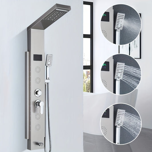 Stainless Steel Shower Column Shower Tower with Shower Mixer Tap, 7 Shower Modes:Rain And Waterfall Shower, 4 Body Massage Jets, 3 Modes Handheld Shower And Bathtub Spout, Brushed Nickel Shower Panel, Shower Sets For Bathroom