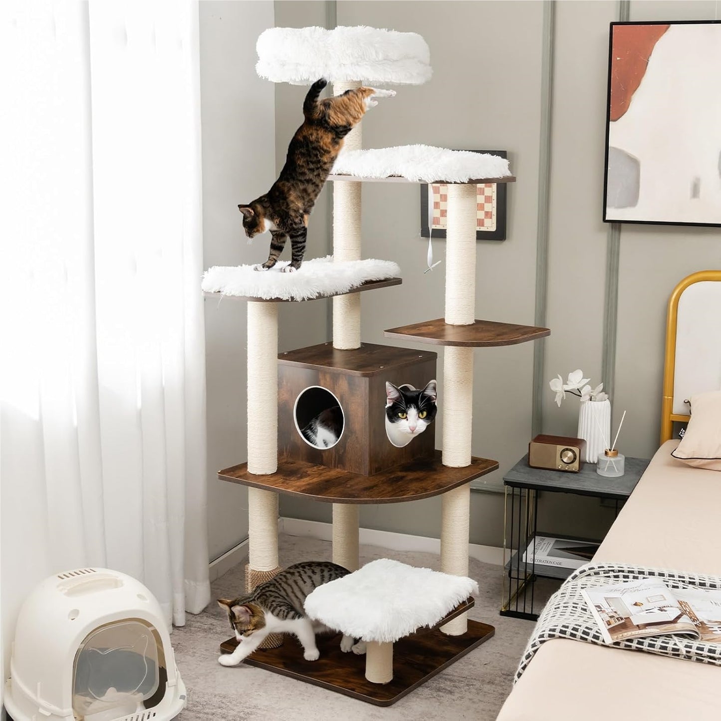 Krabpaal – Kattenboom – Kattenhuis – Kattenmeubel – Krabmeubel – 179 cm Hoog – Pluche Ligplek & Sisal Krabpalen