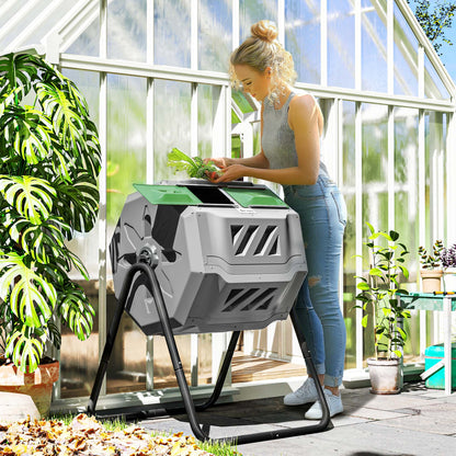 Compostbak – Compostcontainer – Compostton – Compostvat – Composteerbak – 2-Kamer Systeem – 160L Capaciteit – Draaibare Trommel – Grijs Groen Zwart