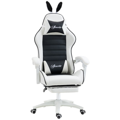 Gamingstoel – Bureaustoel – Gamestoel – Werkstoel – Stoel Met Bunny Ears – Verstelbare Hoogte – Verstelbare Rugleuning Tot 135° – Uittrekbare Voetensteun – Met Hoofd- En Lendensteunkussens – Zwart – Polyurethaan Bekleding