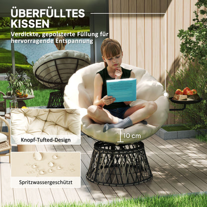 Rattan Fauteuil – Rotan Stoel – Papasan Stoel – Draaifauteuil – Tuinstoel – 360° Draaibaar – Dik Beige Kussen 90 cm Diameter