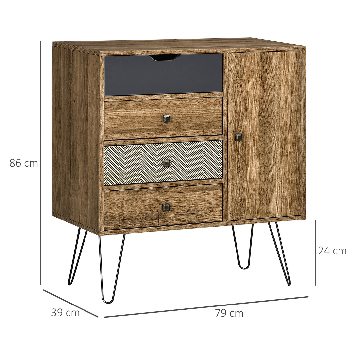 Opbergkast – Ladeblok – Dressoir – Kastje – Buffetkast – Boho Stijl – 4 Lades + 1 Kast – Zwarte Metalen Hairpin Poten – Afmetingen 79x39x86 cm – Bruin Melaminehout
