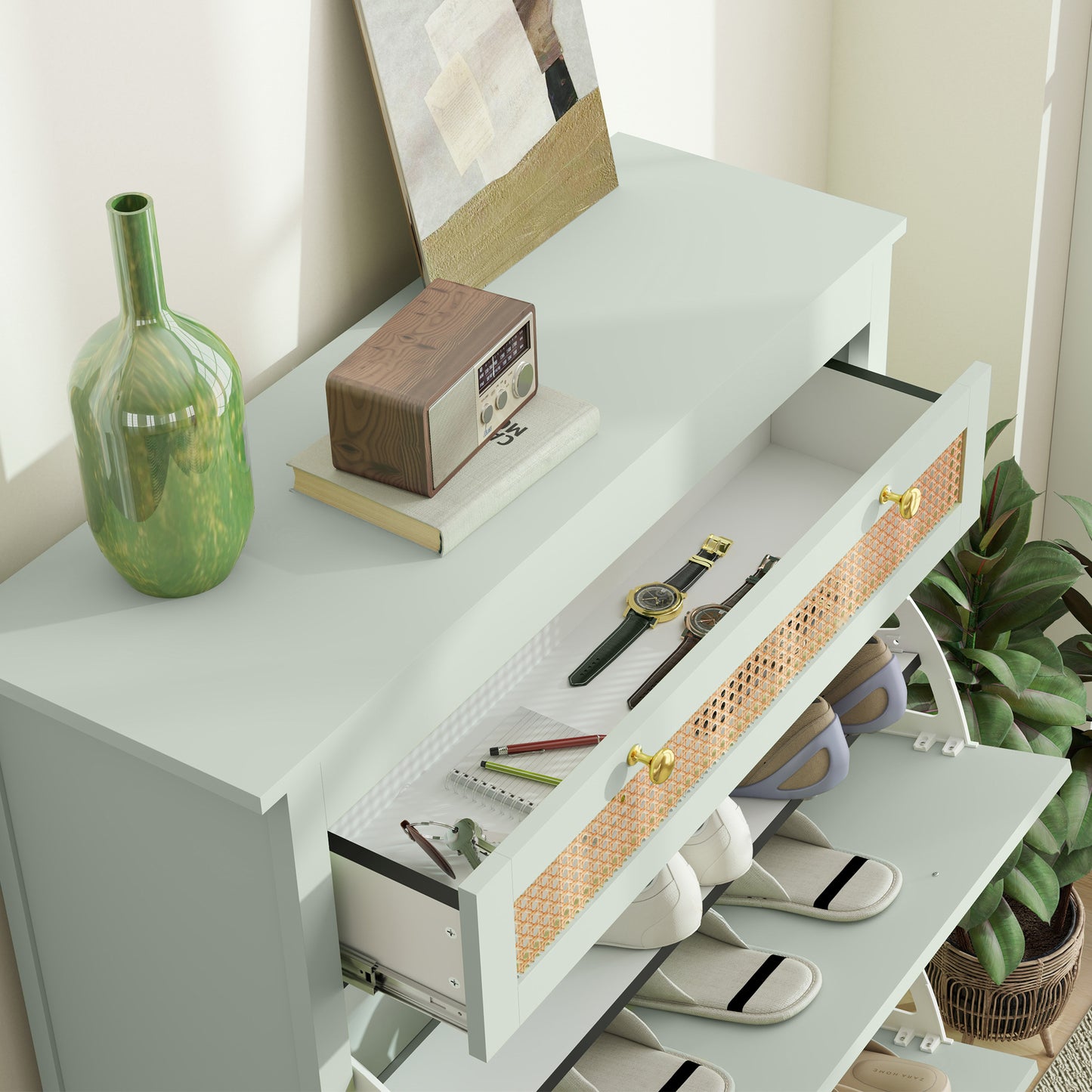 Schoenenkast – Schoenenrek – Schoenopberger – Schoenendisplay – Schoenmeubel – Voor 12 Paar Schoenen – Uittrekbare Lade & Draaideurtjes – Compact Groen Design