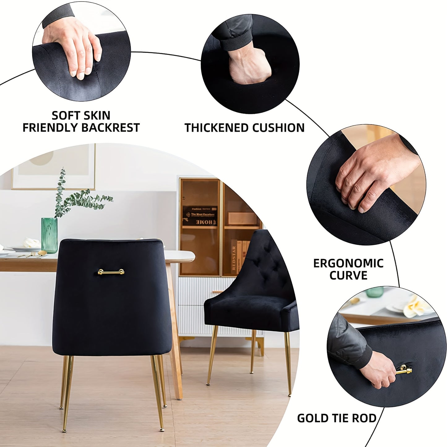 Eetkamerstoelen – Dining Stoelen – Velours Stoelen – Zwarte Stoelen – Set Van 2 – Comfortabele Zitting – Stevig Metalen Frame