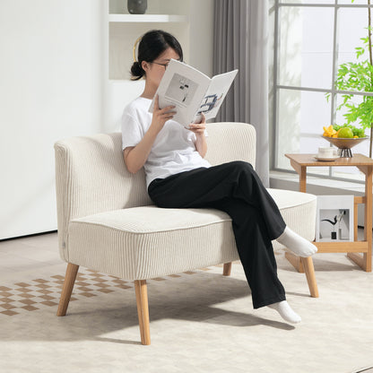 2-zits bank – tweezits sofa – loveseat – zitbank – kleine bank – zonder armleuningen – crème wit – gestoffeerd met cord stof – compacte loungebank – houten poten – 117x56,5x77 cm