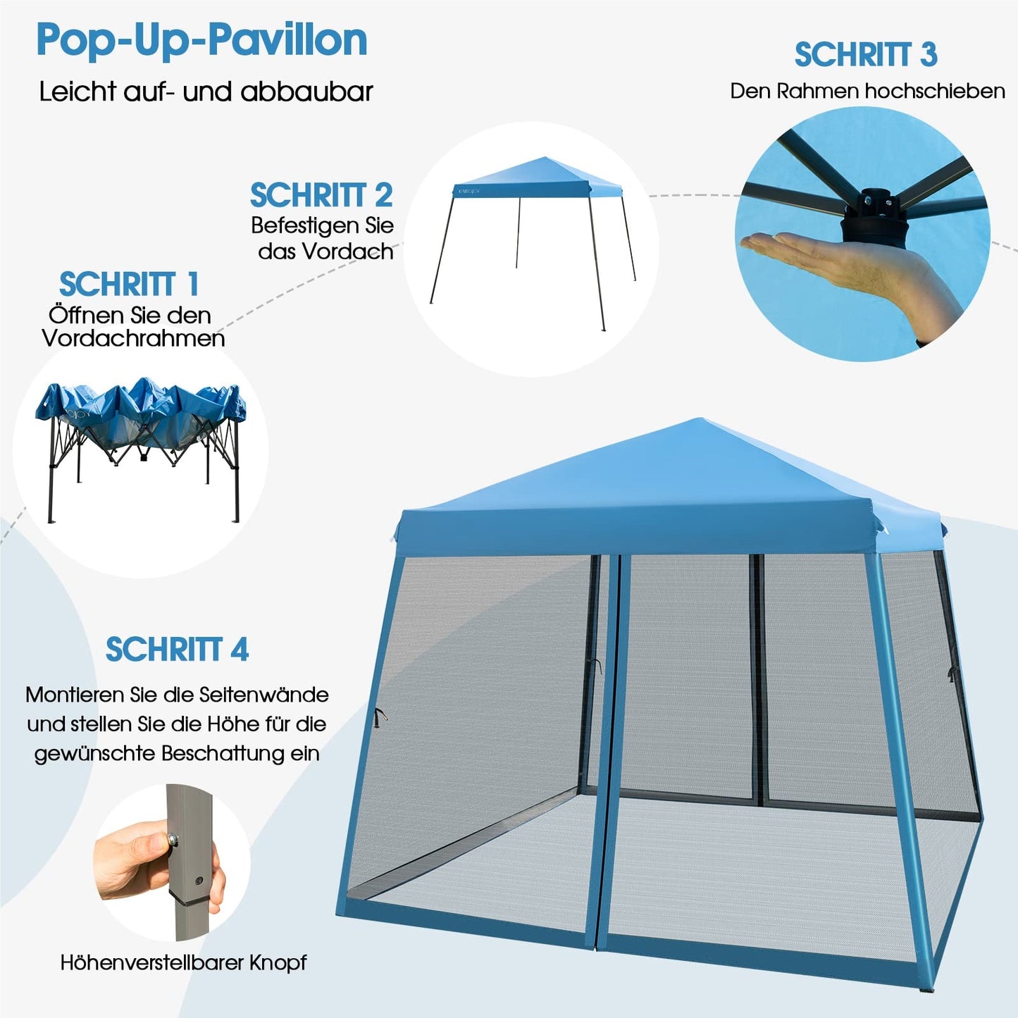 Pop-up Paviljoen – Tuinpaviljoen – Partytent – Overkapping – Pergola – Met Muggennet – UV Bescherming 50+ – 3x3 Meter – Inklapbaar – Met Zandzakken – Blauw