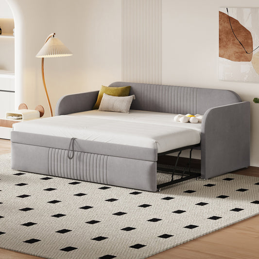 Bedbank – Slaapbank – Uitschuifbed – Slaapsofa – Bankbed – Uitklapbaar – Ademend Linnen – Lattenbodem – 90x190/180x190 cm – Lichtgrijs