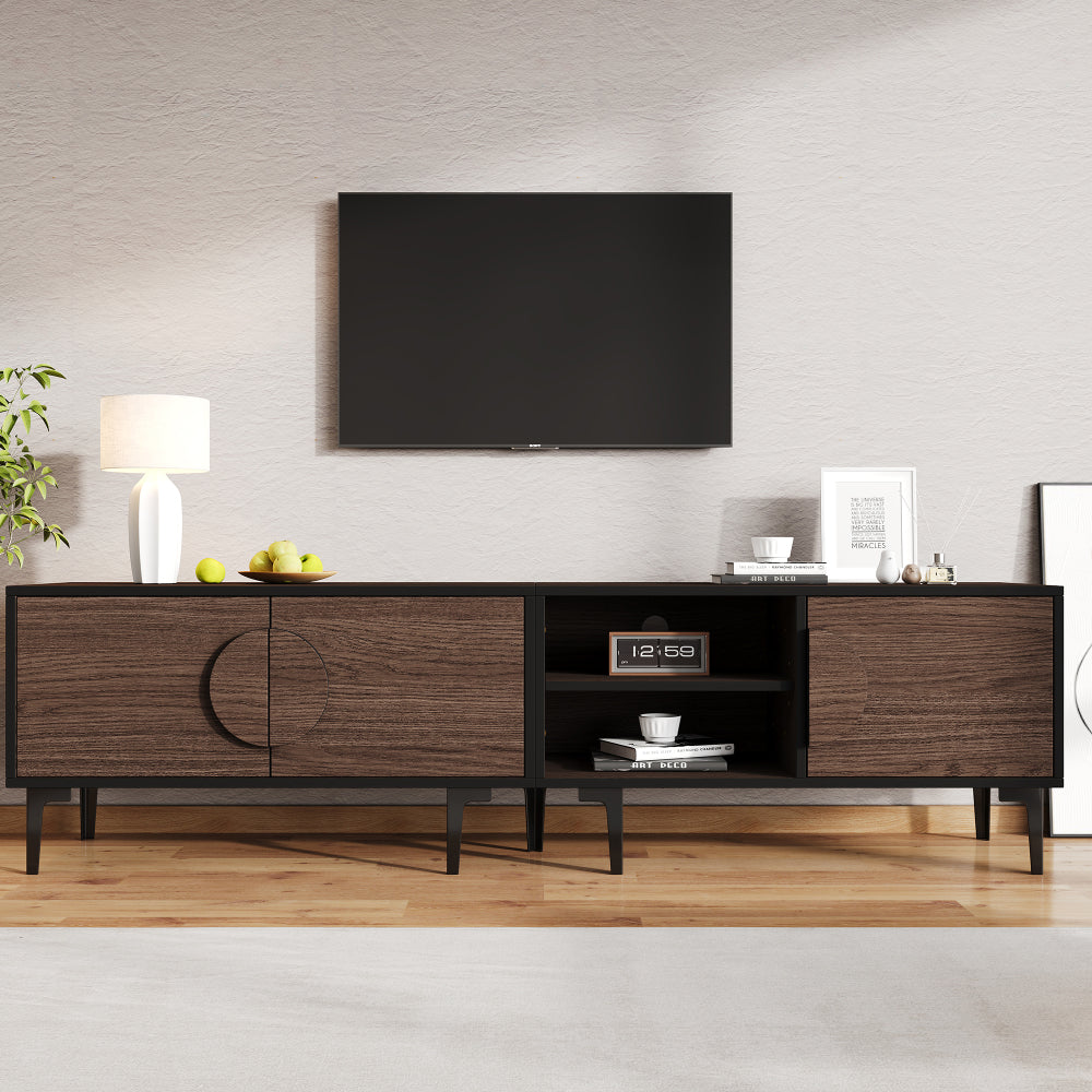 Modern Low-Profile TV Stand Compatible for 80-Inch TVs - Dark Walnut Media Console with Double Doors & Open Shelving, Heavy-Duty Metal Frame, Assembly (Living Room Furniture)