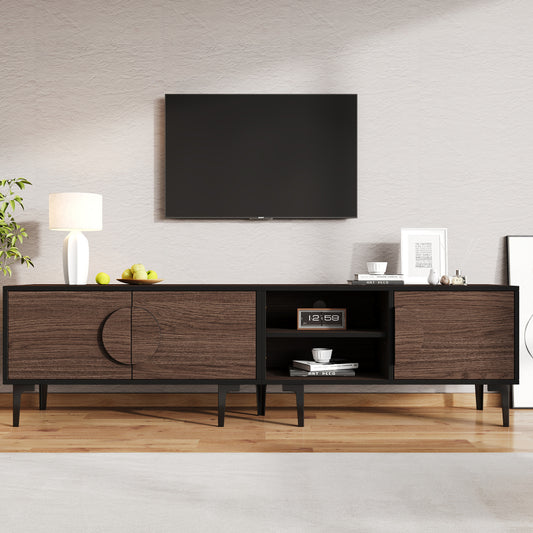 Modern Low-Profile TV Stand Compatible for 80-Inch TVs - Dark Walnut Media Console with Double Doors & Open Shelving, Heavy-Duty Metal Frame, Assembly (Living Room Furniture)