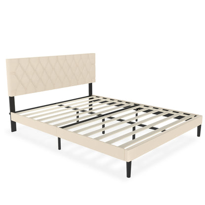 Upholstered Bed Frame Upholstered Bed with Headboard and Slatted Frame Bed Metal Platform Bed Frame Mattress Foundation, Leather, Beige/Black