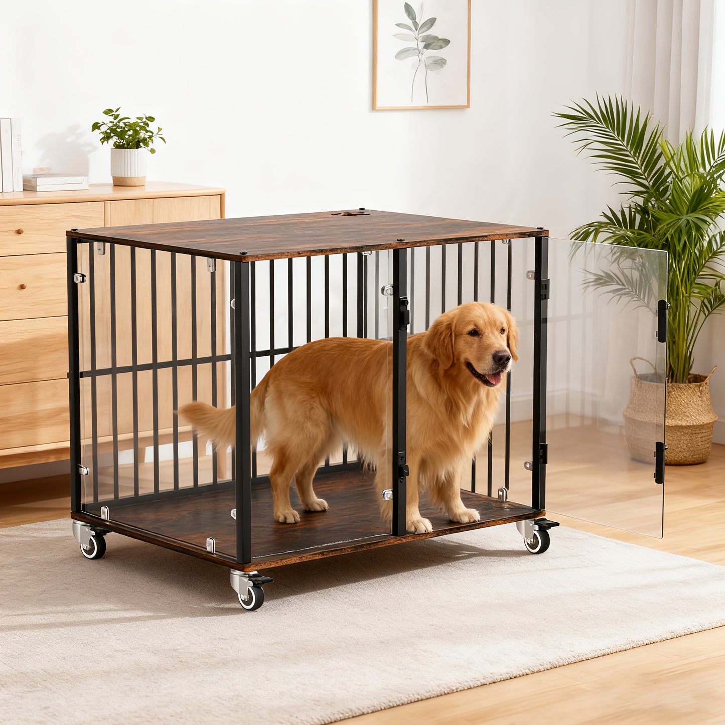 Bingopaw Dog Crate Furniture, 73cm Tempered Glass Dog Crate, Modern Indoor Dog Crate, Suitable for Small/Medium/Large Dogs Weighing No More Than 80kg, Side Table, Home Dog Crate, 77x 60 x 65cm, with 4 Brake Wheels, 360° No B