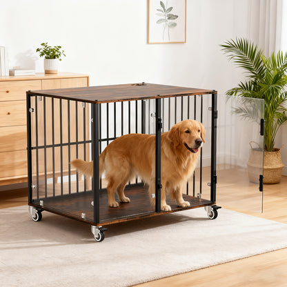 Bingopaw Dog Crate Furniture, 73cm Tempered Glass Dog Crate, Modern Indoor Dog Crate, Suitable for Small/Medium/Large Dogs Weighing No More Than 80kg, Side Table, Home Dog Crate, 77x 60 x 65cm, with 4 Brake Wheels, 360° No B