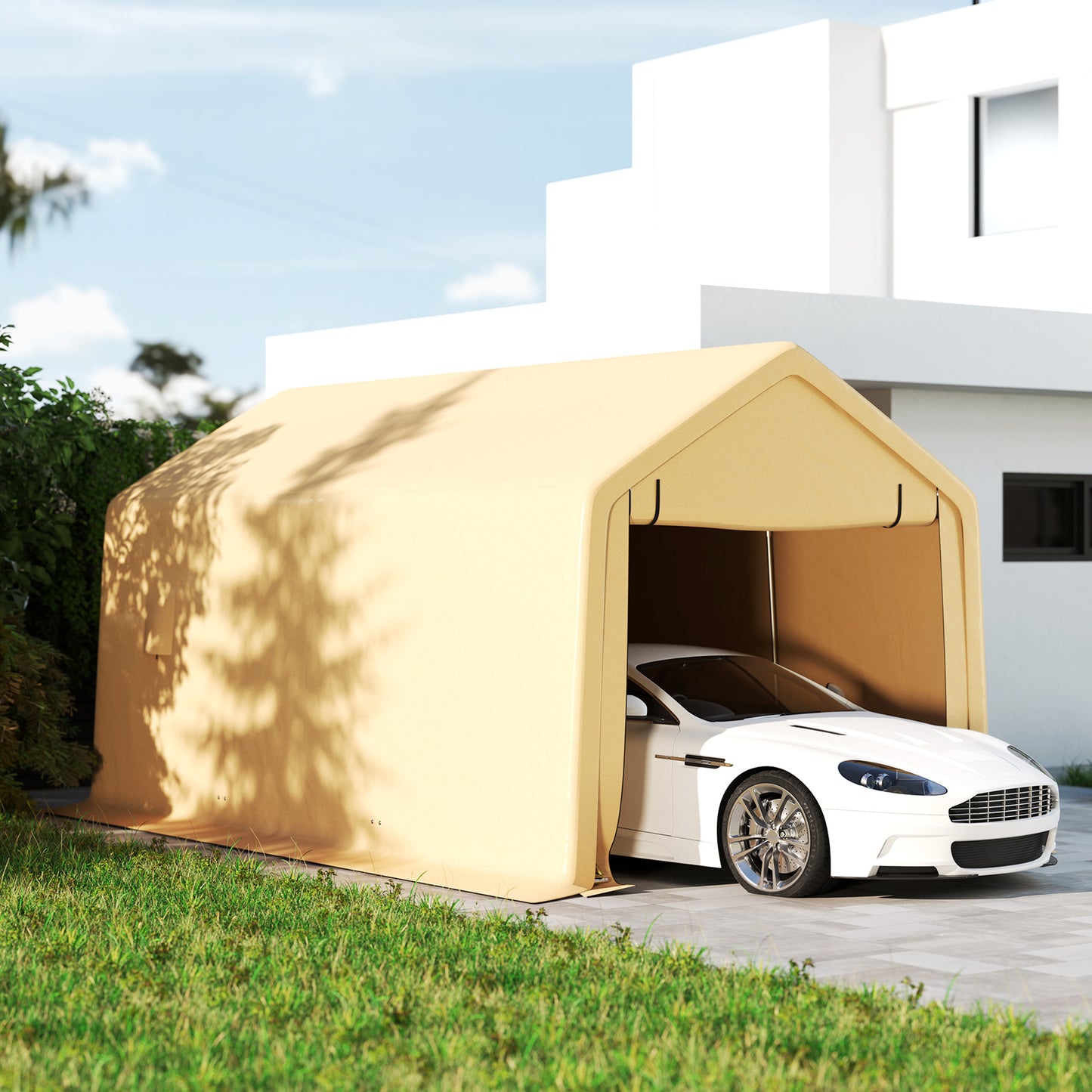 Carport – Buitenoverkapping – Garage – Autohoes – Schuur – Waterdicht PE Doek – Stevig Stalen Frame – Geel – 300x520x275 cm – Rolbare Afsluitbare Deur