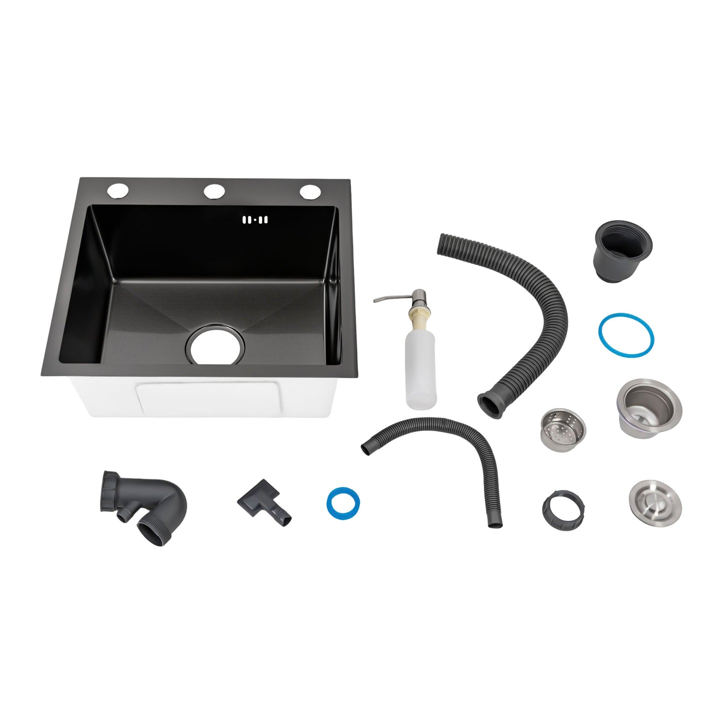 Keukenspoelbak – Spoelbak – Keukensink – Wasbak – Vaatwasbak – Zwart RVS – Royale Binnenmaat 46x35,5 cm – Opbouw Onderbouw Vlakbouw – Met Zeepdispenser en Compleet Accessoiresset