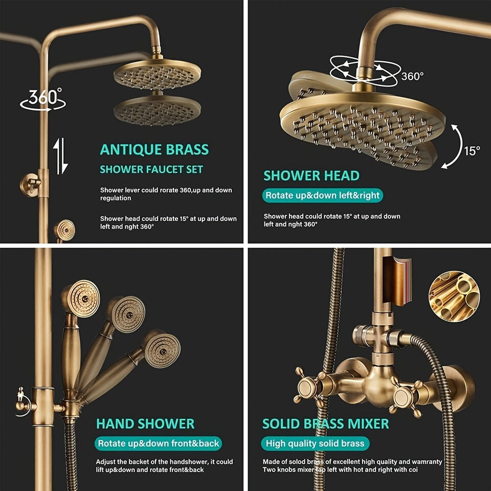 Antiek Messing Doucheset – Regendouche – Handdouche – Douchekop – Wanddouche – 20 cm Regenkop – Olie-Gewreven Afwerking
