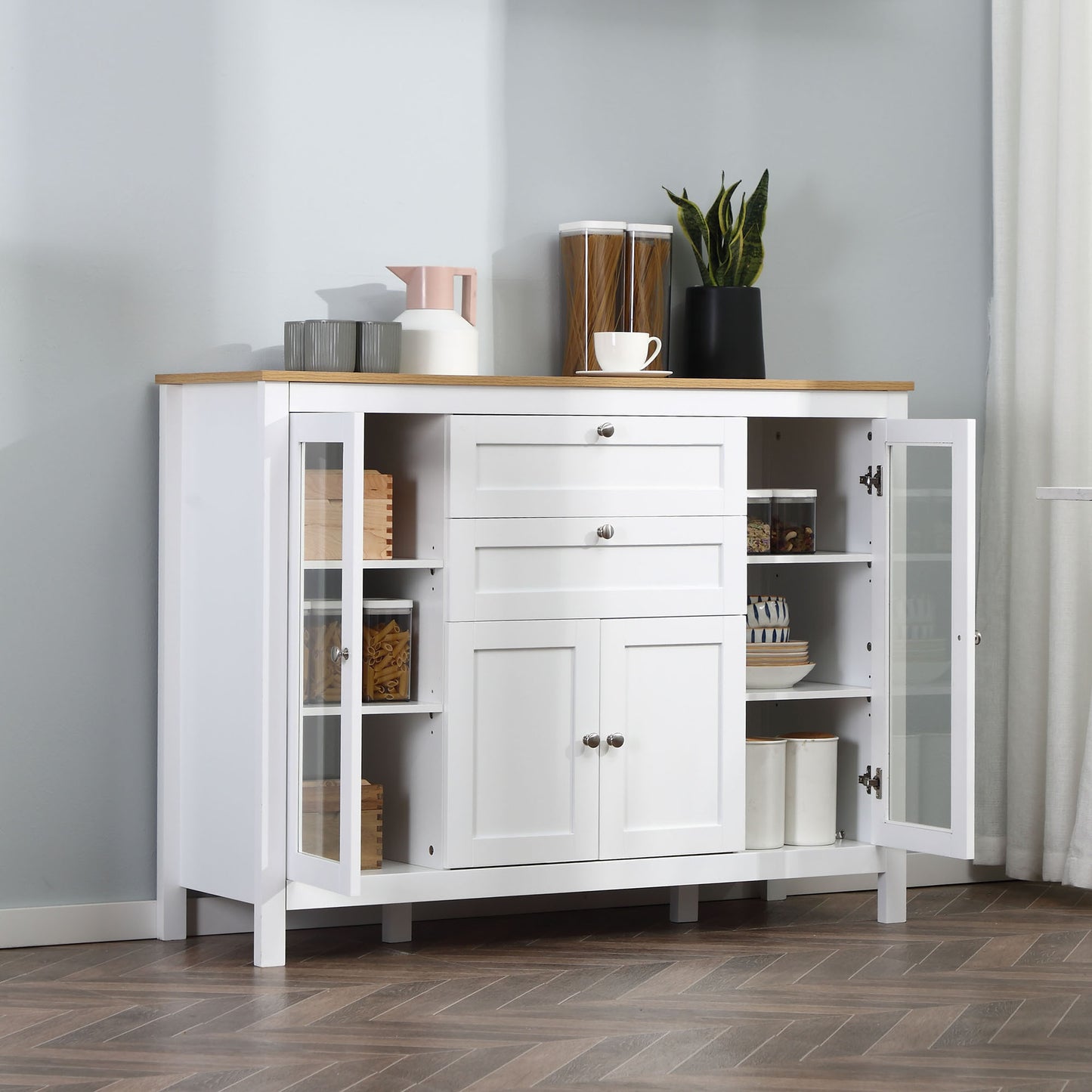 Dressoir – Buffet – Kast – Opbergmeubel – Woonkamermeubel – Wit Met Houtlook – 2 Glazen Deuren – Verstelbare Planken – 2 Lades – 1 Afsluitbare Kast – MDF En Metaal – Anti-Kantel Veiligheid