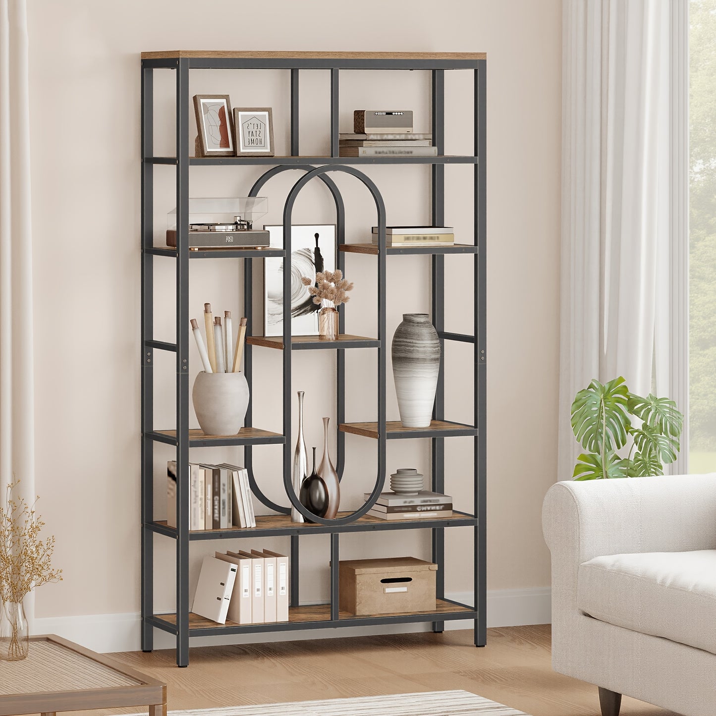 Boekenkast – Vakkenkast – Staande Plank – Roomdivider – Opbergkast – Vintage Bruin-Zwart – 7 Lagen Met 9 Planken – Stevig Stalen Frame 30x100x180 cm